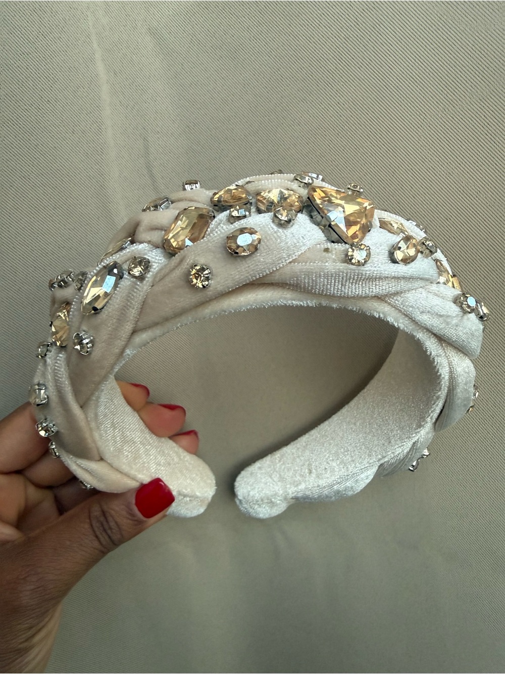 Embellished Ivory Velvet Padded Headband with Crystal Accents